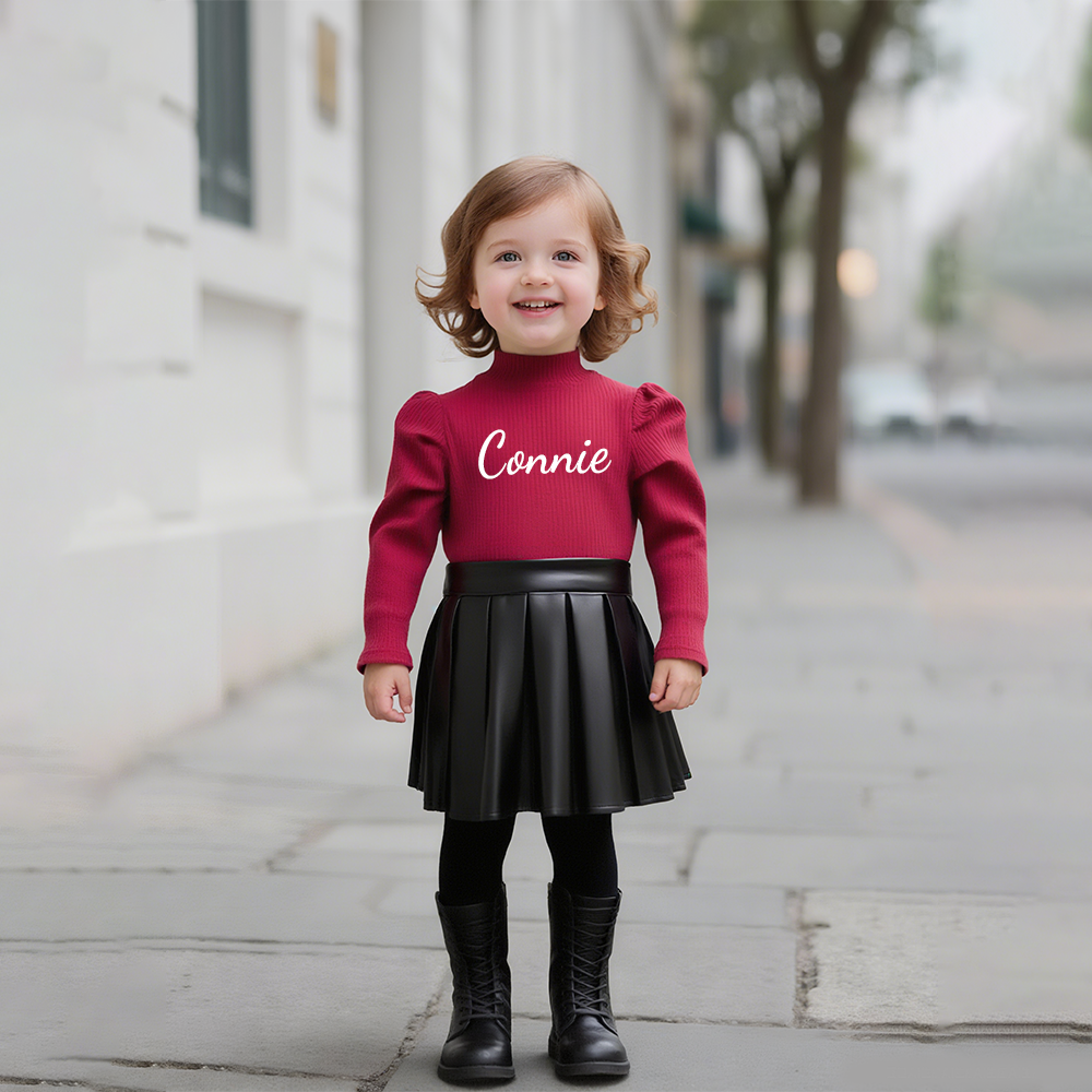 Personalized Girl Undershirt & PU Pleated Skirt Matching Set | Cloth245