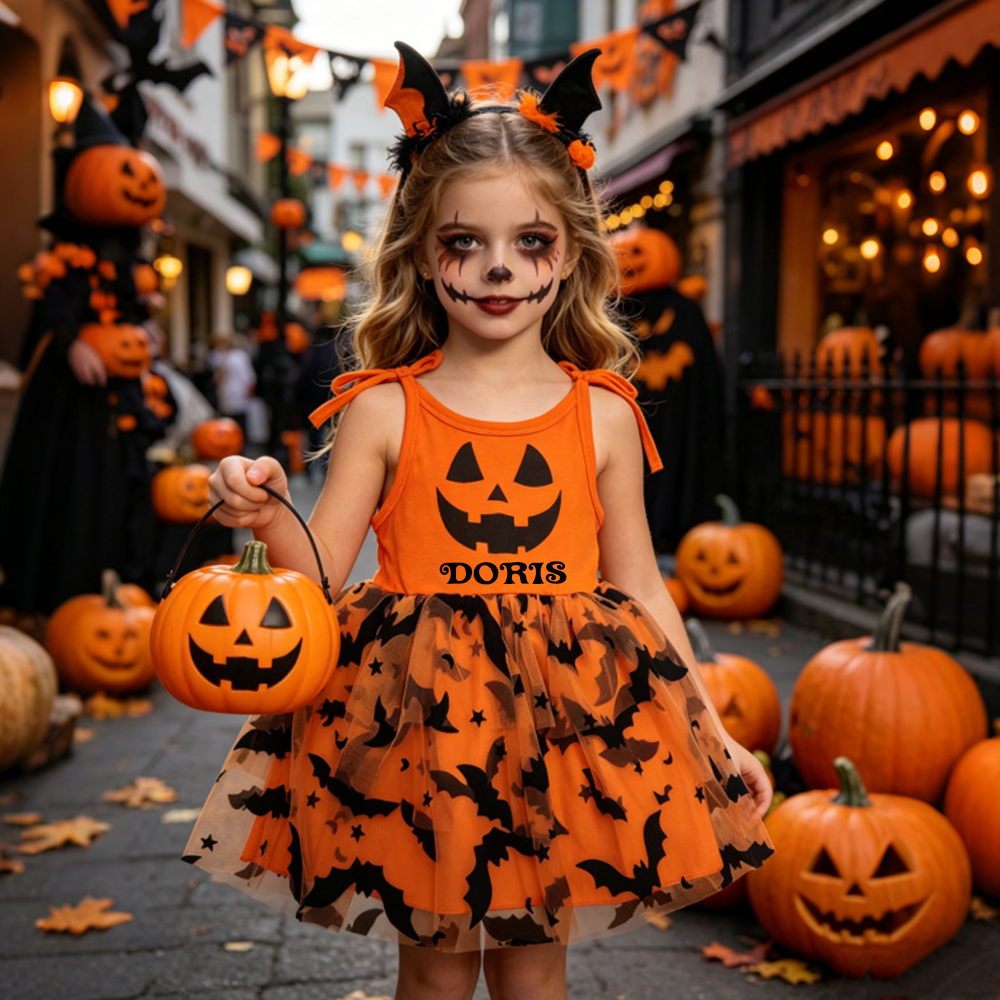 Personalized Girl Halloween Bat Pumpkin Tutu Dress| YESHalloween15