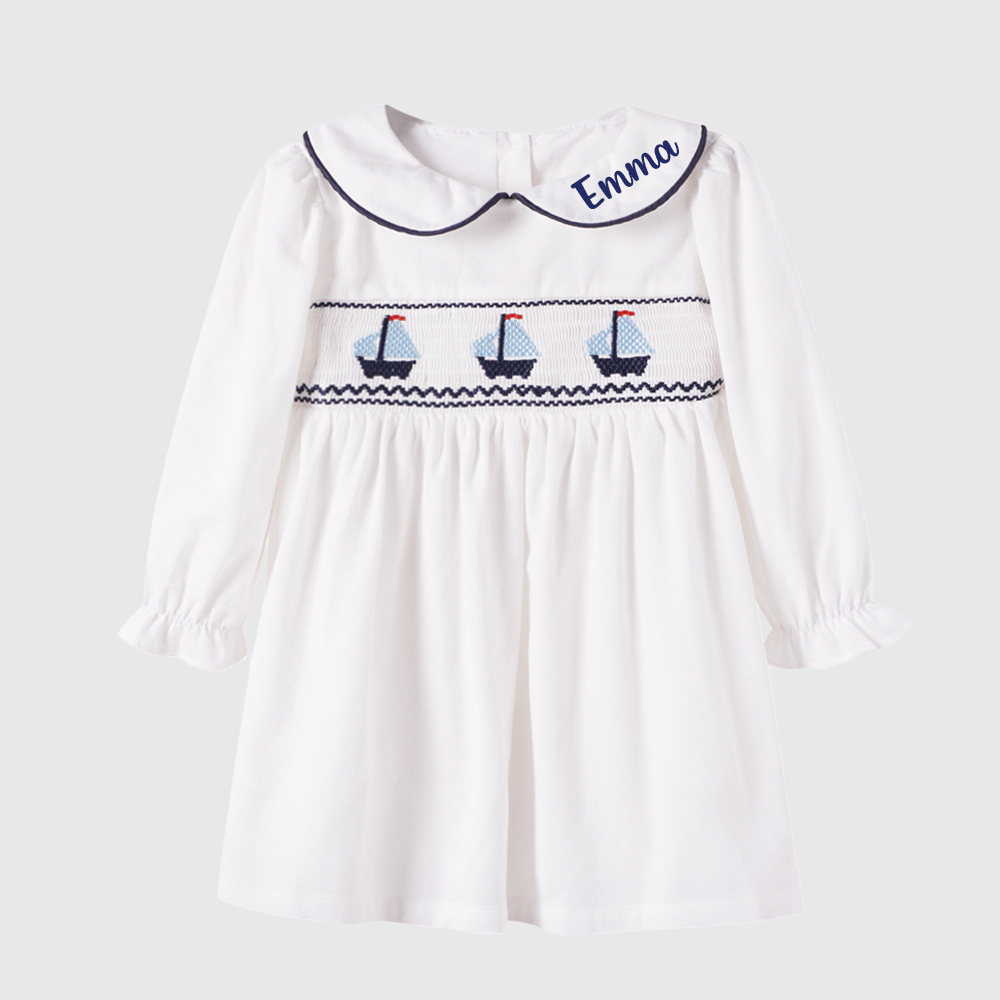 Personalized Girl Long Sleeve Sailboat Dress| Dress39