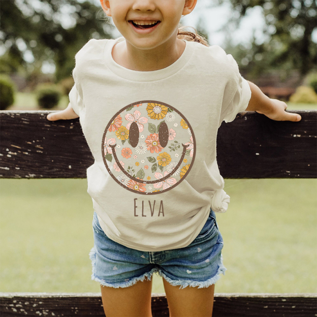Personalized Girls Retro Floral Smiley Face T-Shirt| Cloth1423