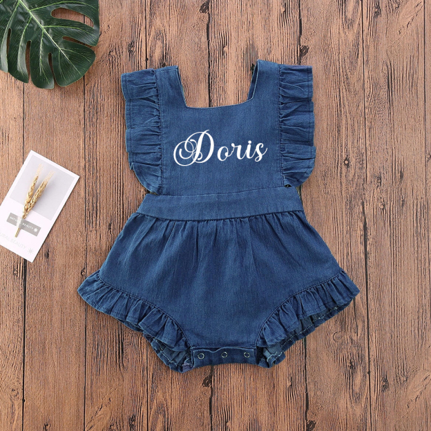 Personalized Baby Girl Ruffle Denim Blue Romper| BBCloth94
