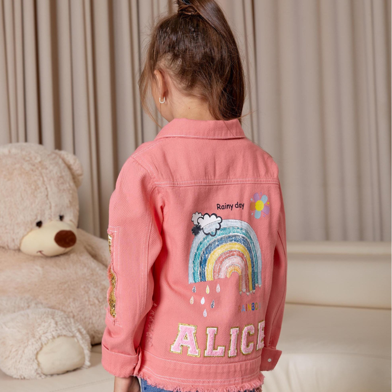 Personalized Girl Patch Rainbow Pink Denim Jacket| Cloth228