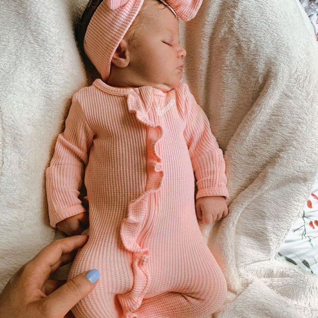 Personalized Baby Girl  With Embroidered Name Waffle Knit Ruffled Footie Outfit | BBCloth59