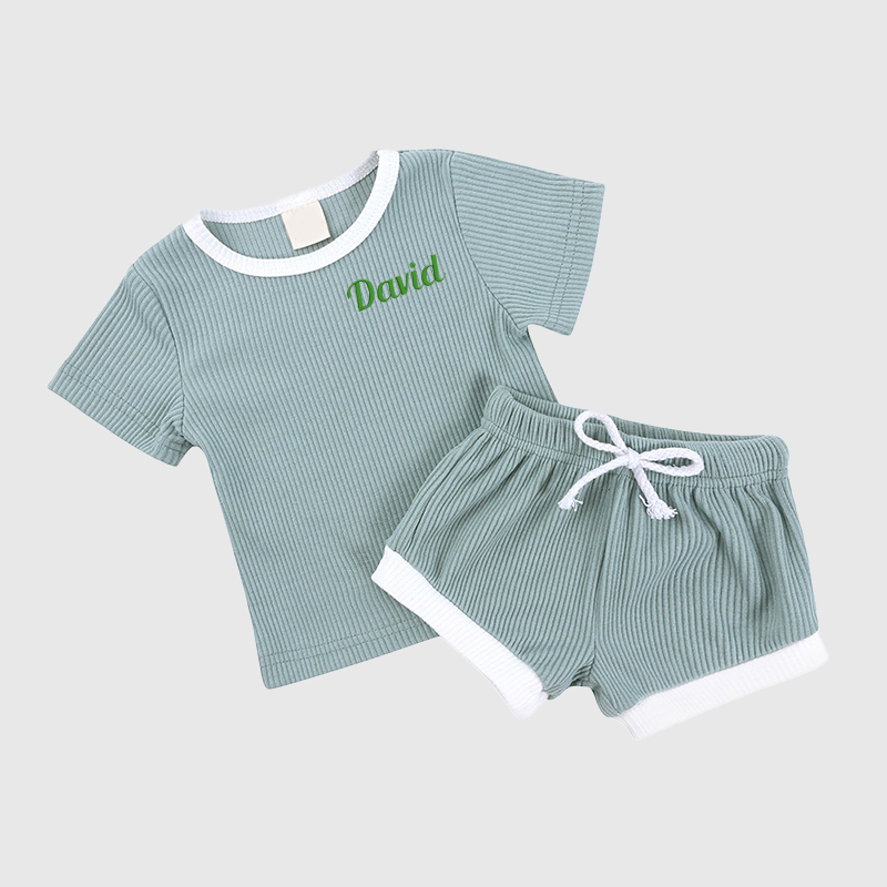 Personalized Kids Embroidered Name Ribbed Toddler Shorts Set| Cloth155