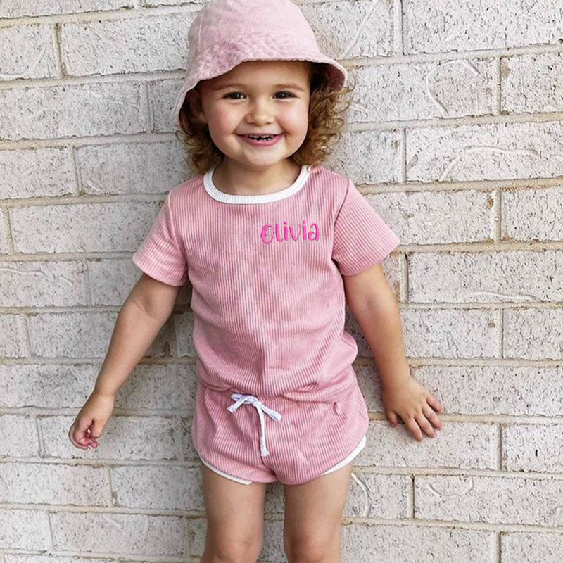Personalized Kids Embroidered Name Ribbed Toddler Shorts Set| Cloth155