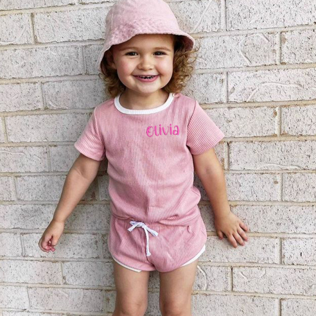 Personalized Kids Embroidered Name Ribbed Toddler Shorts Set| Cloth155