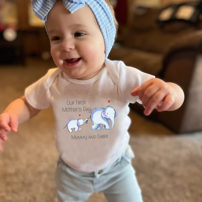Personalized Baby First Mother's Day Elephants Cozy Onesie| BBCloth15