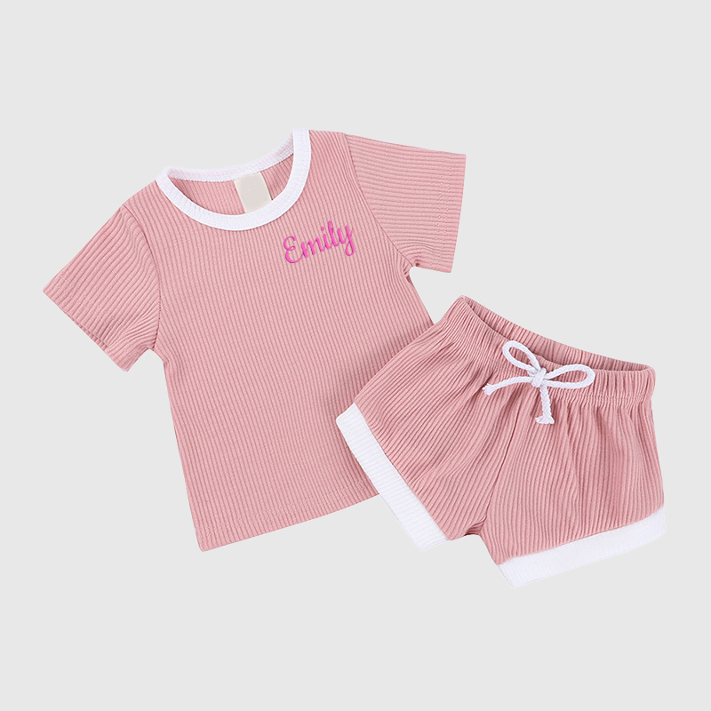 Personalized Kids Embroidered Name Ribbed Toddler Shorts Set| Cloth155