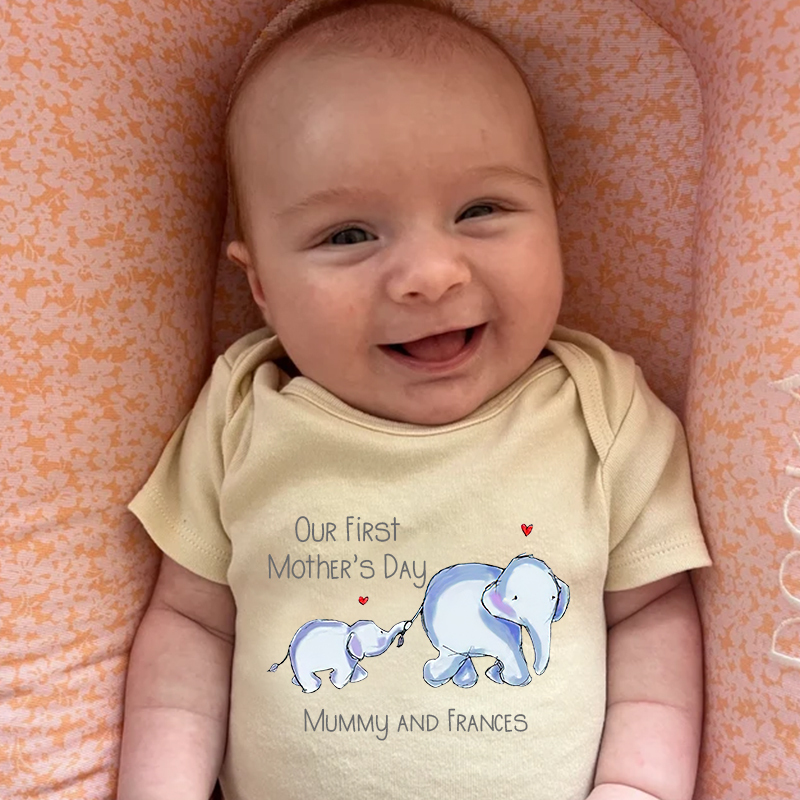 Personalized Baby First Mother's Day Elephants Cozy Onesie| BBCloth15