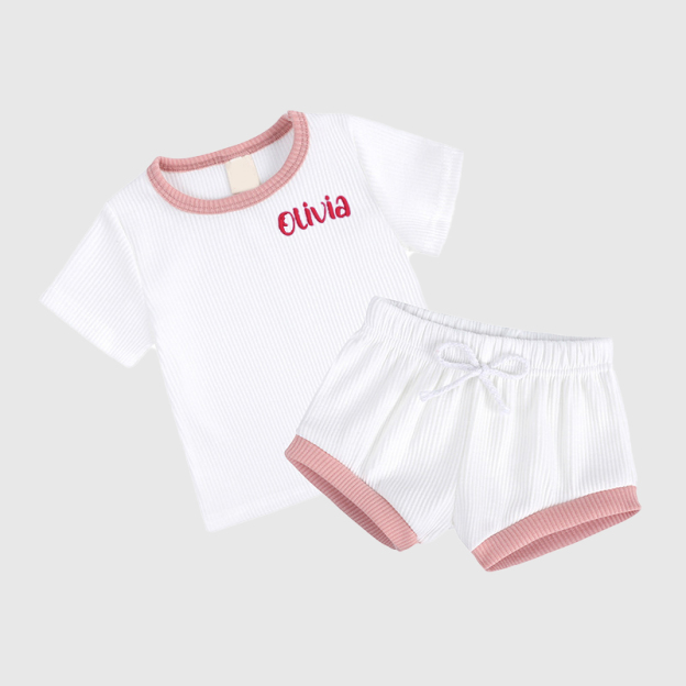 Personalized Kids Embroidered Name Ribbed Toddler Shorts Set| Cloth155