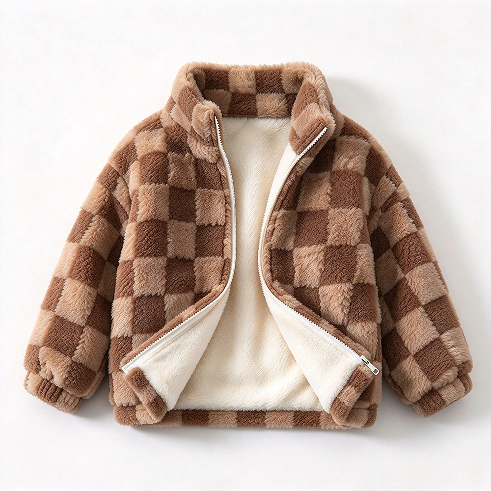 Personalized Embroidered Kids Sherpa Fleece Warm Check Winter Coat | Cloth295