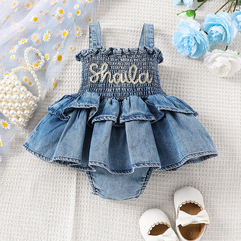 Personalized Baby Hand Embroidered Denim Ruffle Dress| BBCloth42