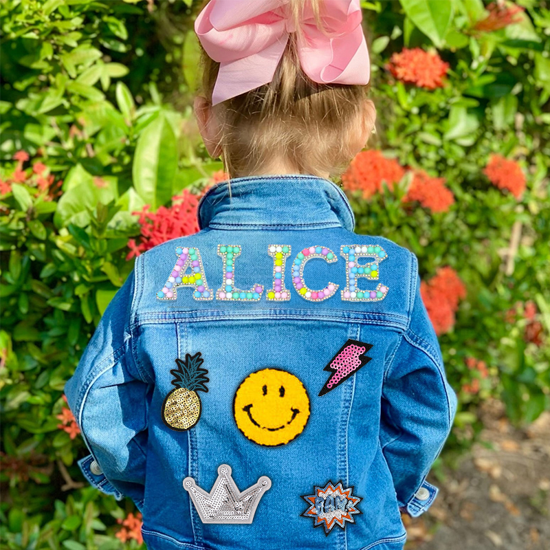 Personalized Kids Macaron Candy Color Beaded Letter Denim Jacket| Cloth165