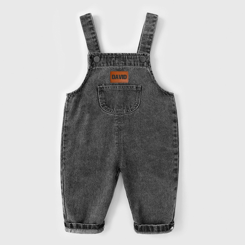 Personalized Kids Leather Patch Denim Overalls| Pants03