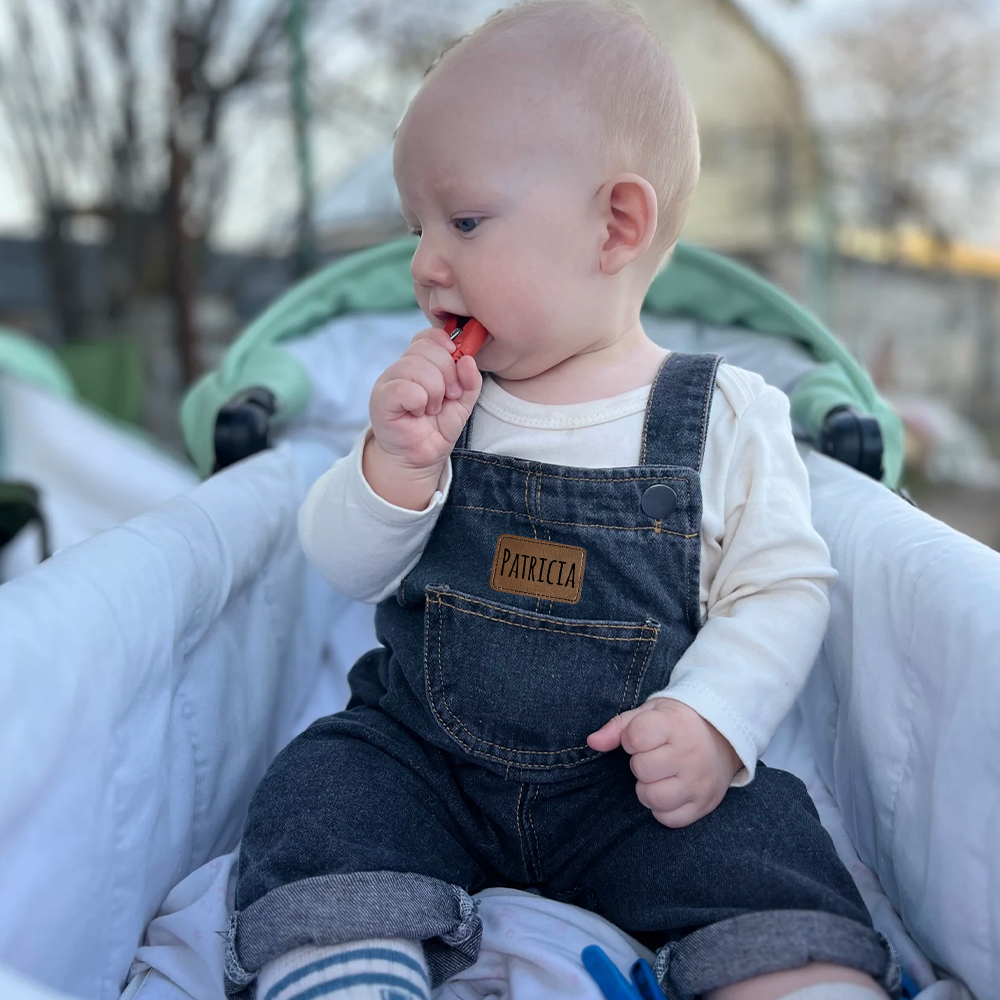 Personalized Kids Leather Patch Denim Overalls| Pants03