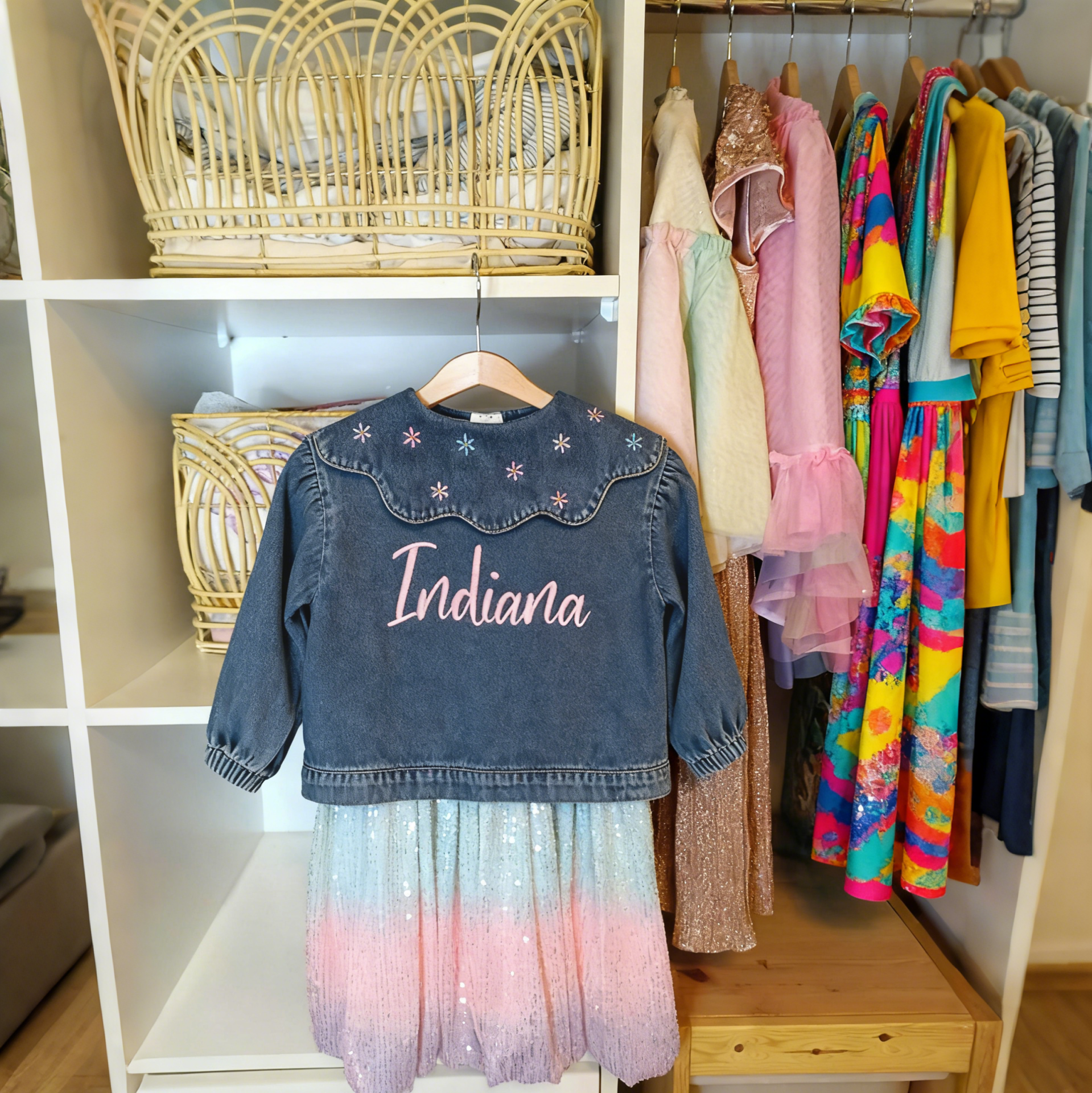 Personalized Embroidery Lovely Bubble Sleeves Denim Jacket | CWBaby340