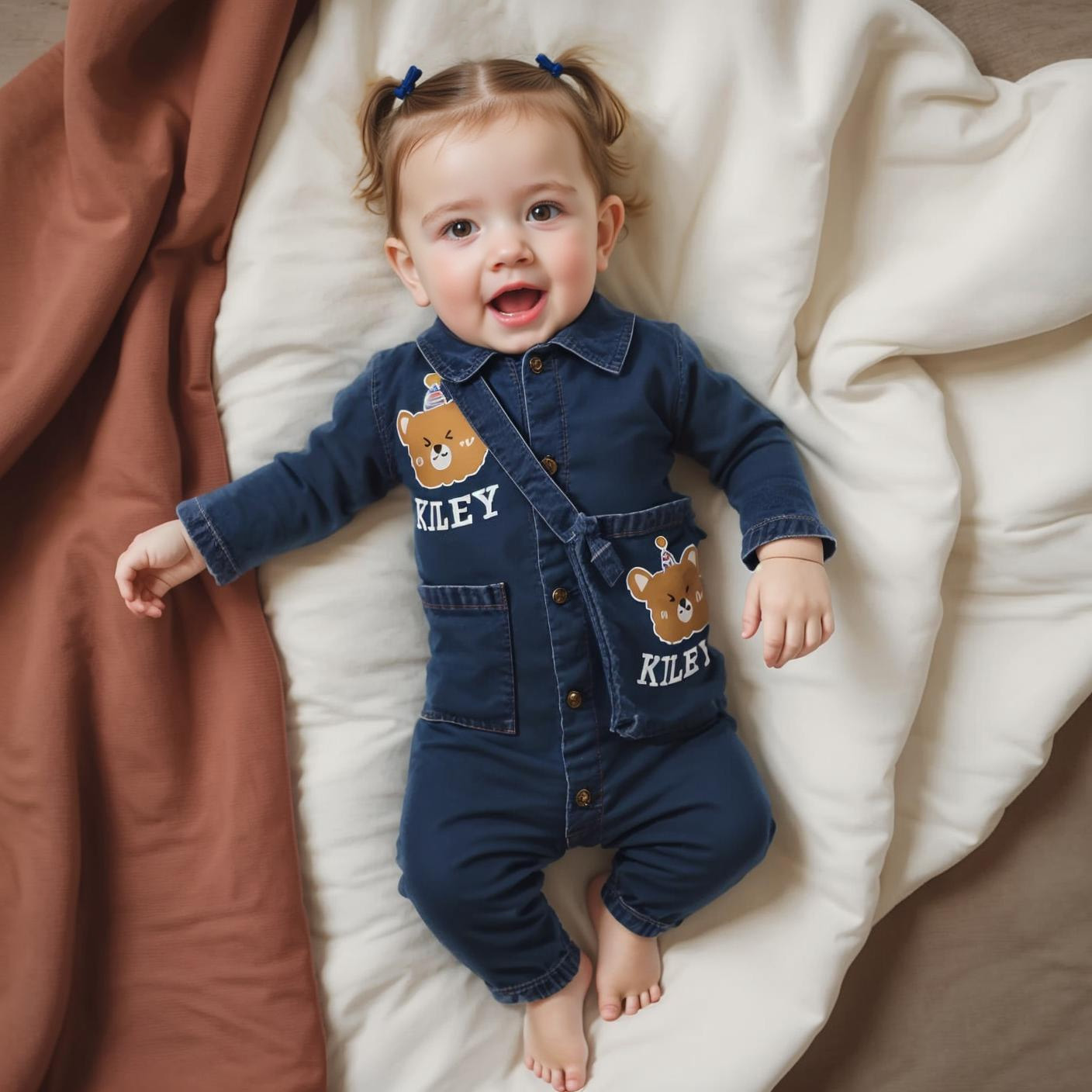 Personalized Baby Bear Denim Onesie With Bag Set| BBCloth88