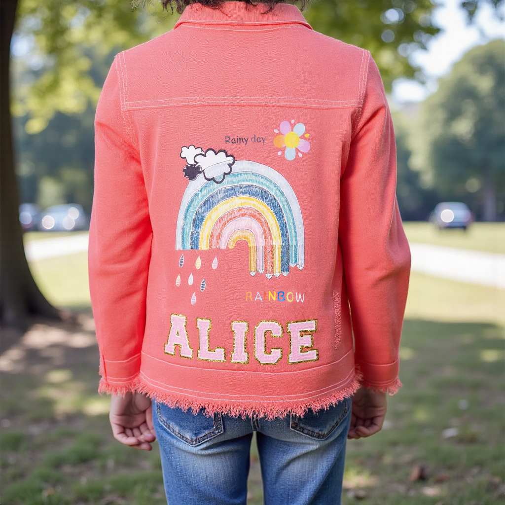 Personalized Girl Patch Rainbow Pink Denim Jacket| Cloth228