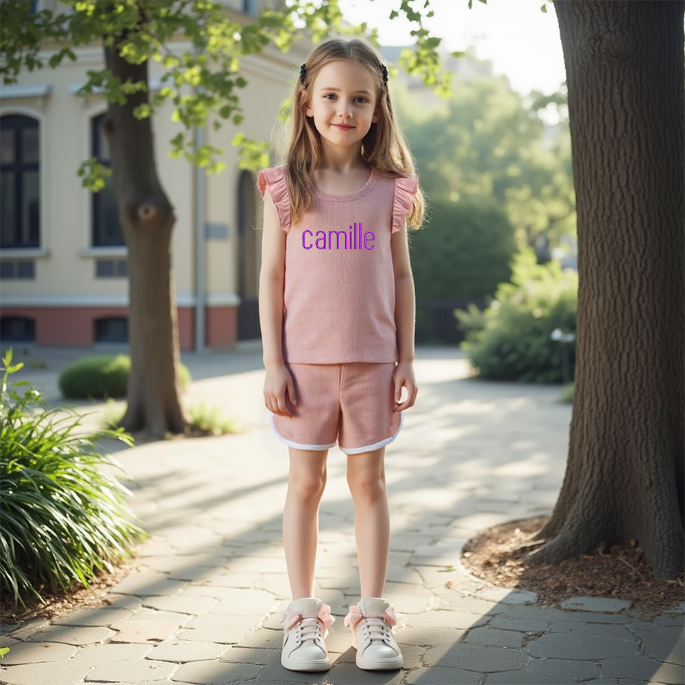 ]Personalized Girl Summer Ruffle T-Shirt and Shorts Set| Cloth233