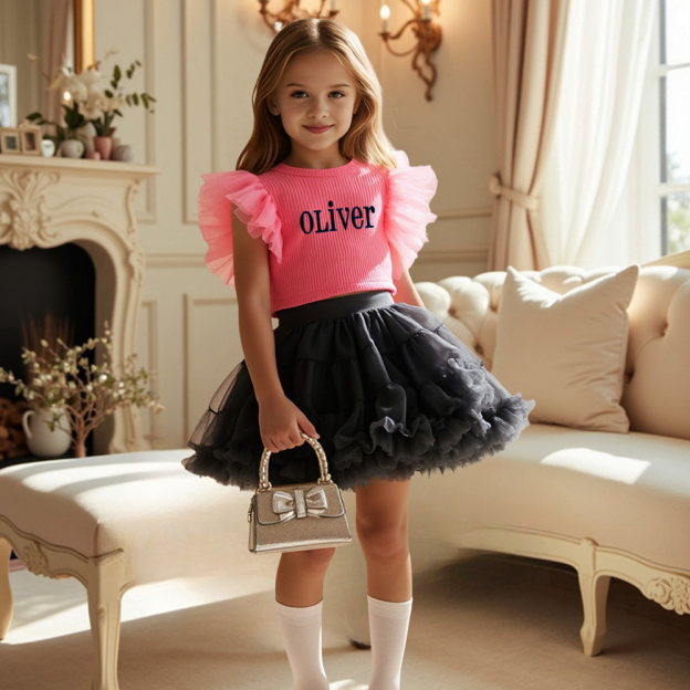 Personalized Girl Mesh Flying Sleeve T-shirt TUTU Skirt Set| Cloth236