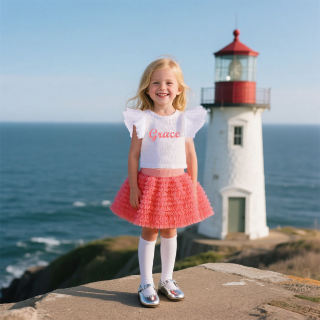 Personalized Girl Embroidered Ruffle Flutter Sleeve Tutu Set| Cloth237