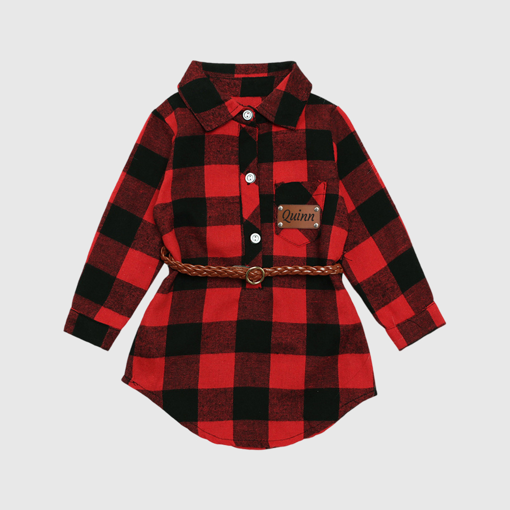 Personalized Girl Red Plaid Print Long Sleeves Shirt Dress With Belt| Cloth244