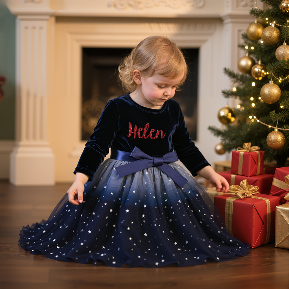 Personalized Christmas Girl Bow Star Mesh Party Dress|YESMC10