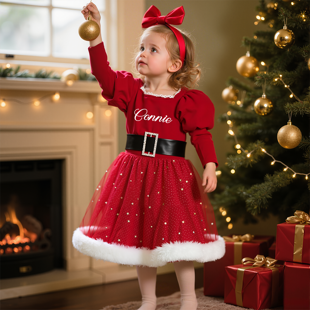 Personalized Christmas Girl Bow With Puff Sleeve Star Mesh Dress|YESMC12