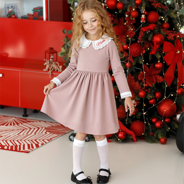 Personalized Christmas Girl Elegant White Doll Collar Dress|YESMC09