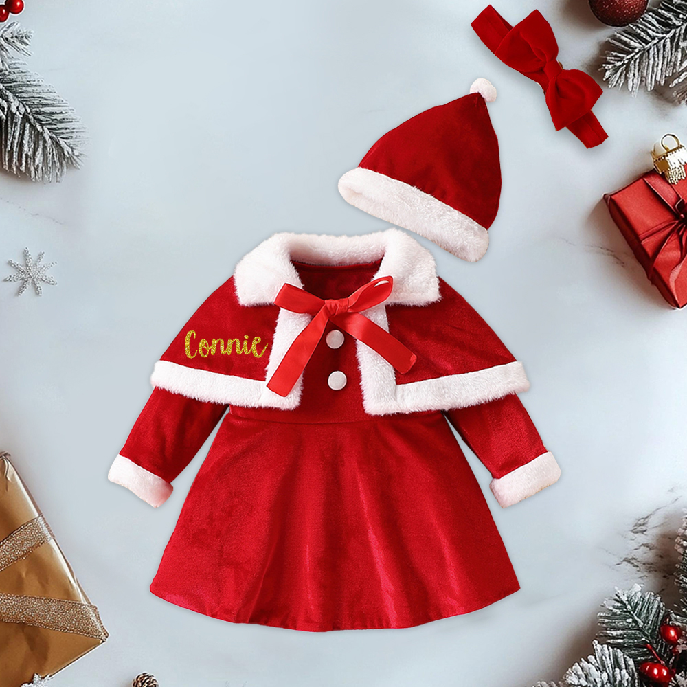 Personalized Girl Christmas Dress Set with Cape & Santa HatYESMC14