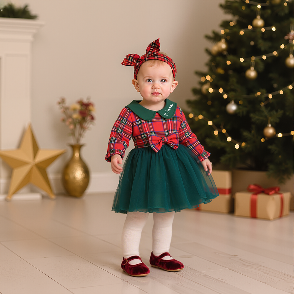 Personalized Girl Christmas Mesh Bowknot Dress|YESMC15
