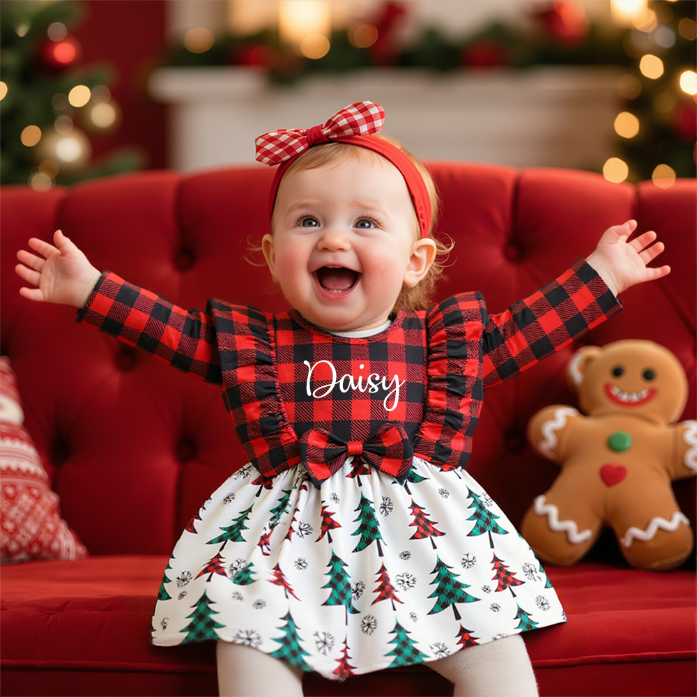 Personalized Girl Christmas Tree Grid Dress|YESMC17