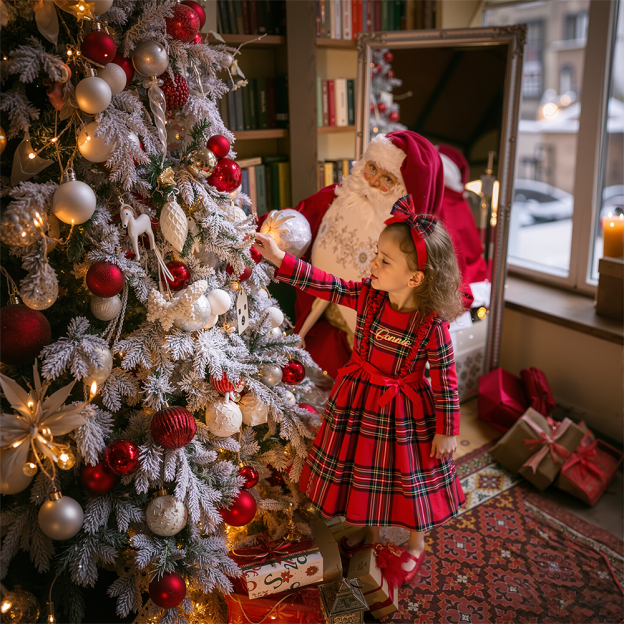 Personalized Girl Red Plaid Christmas Dress Set with Headband|YESMC18