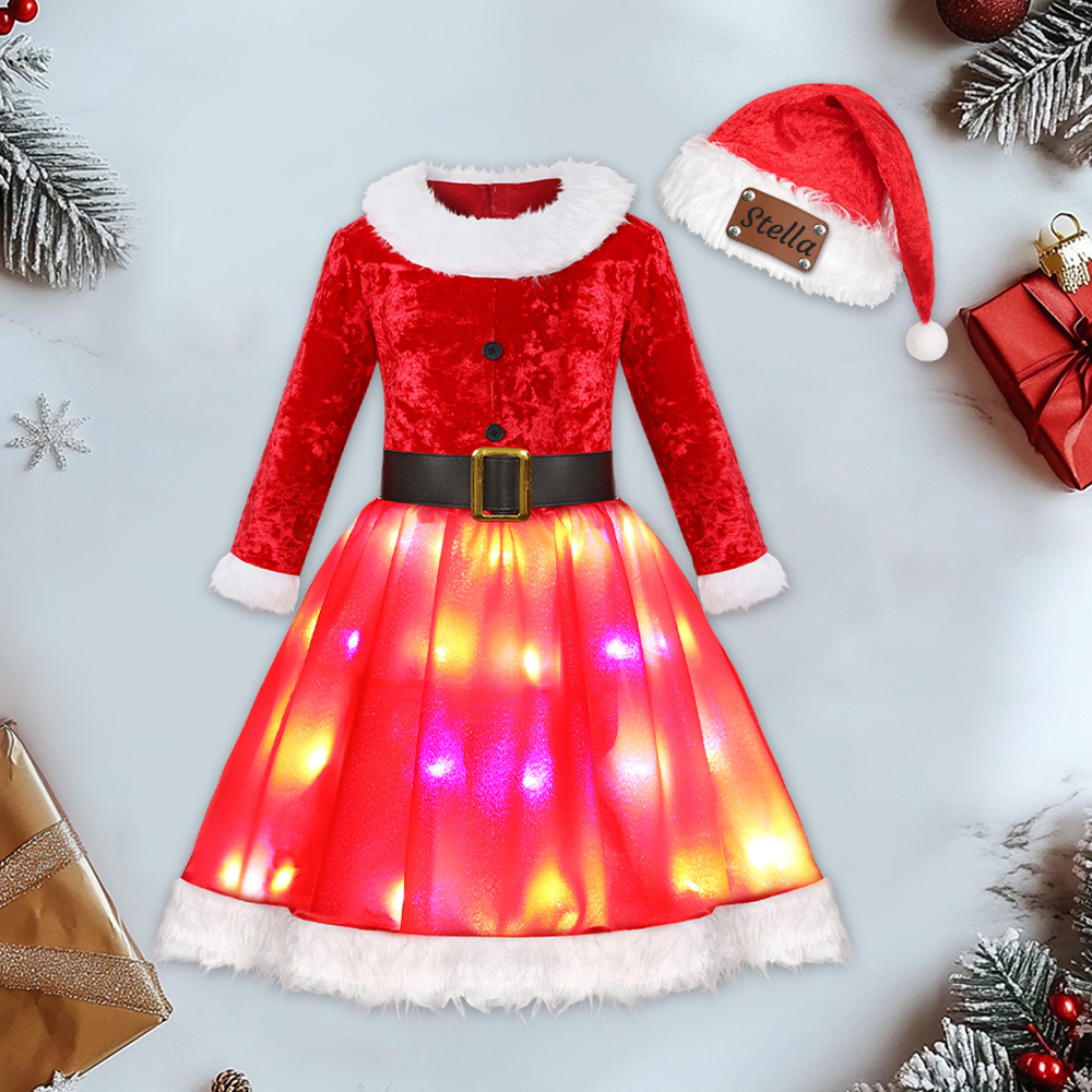 Personalized Leather Patch Christmas Led Dress with Hat| YESMC16