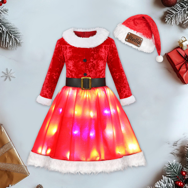 Personalized Leather Patch Christmas Led Dress with Hat| YESMC16