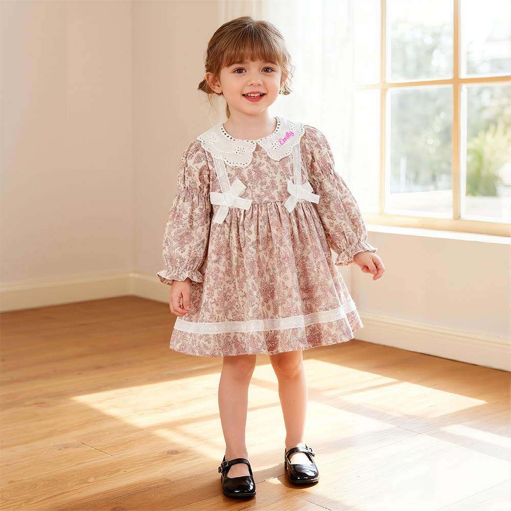 Personalized Girl Long Sleeve Floral Dress| Dress35