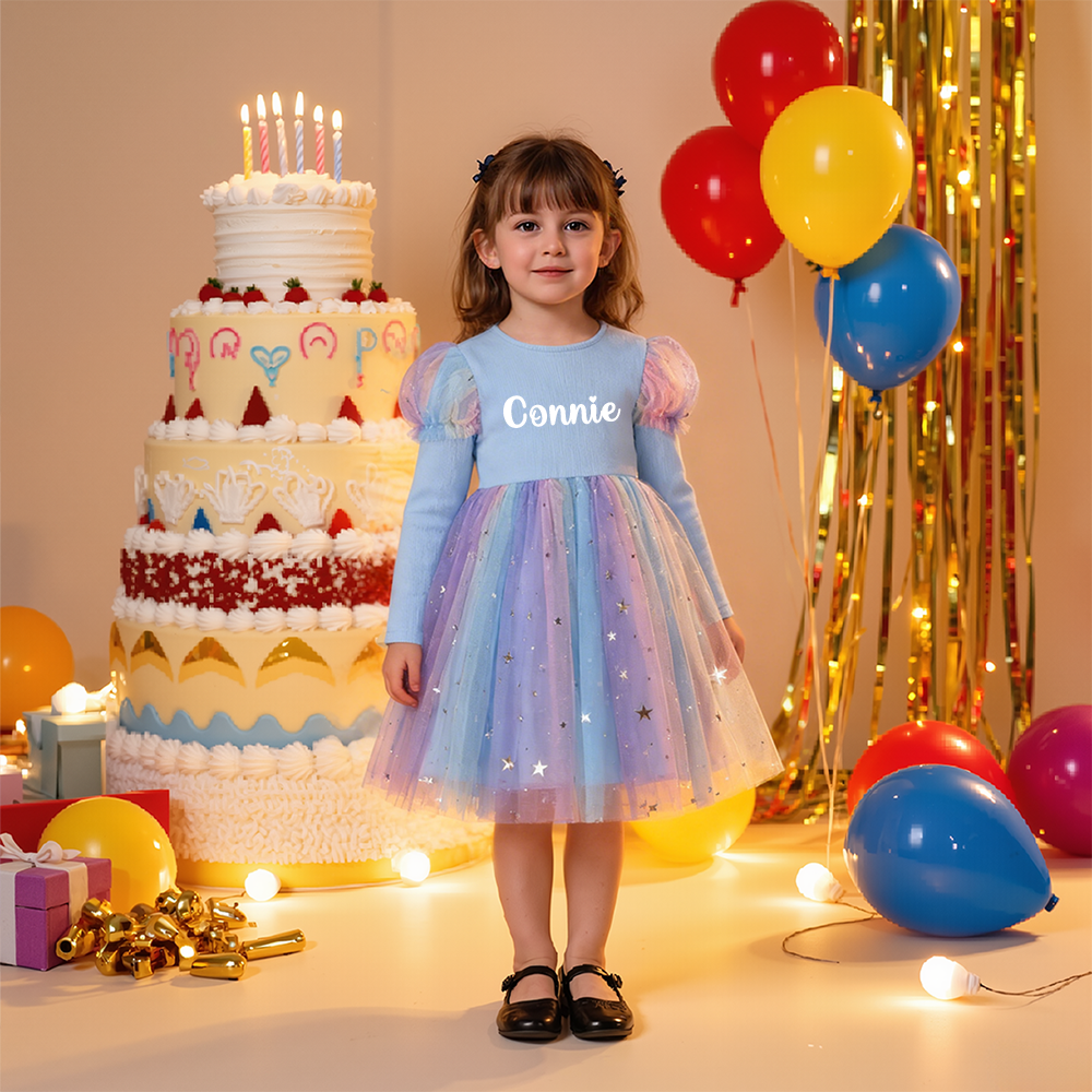 Personalized Girl Long Sleeve Blue Tulle Dress| Dress38