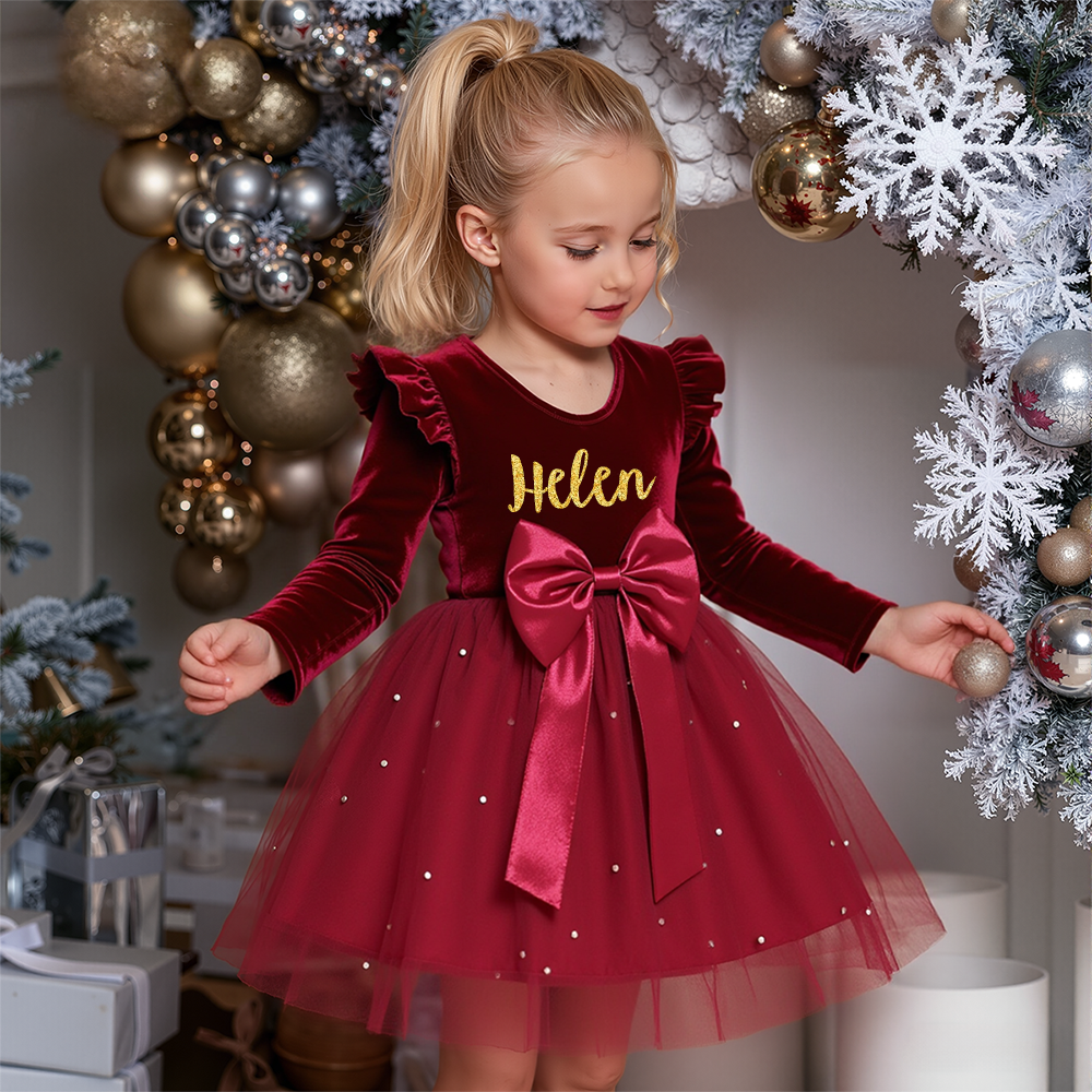 Personalized Girl Christmas Bow Red Tulle Dress| YESMC27