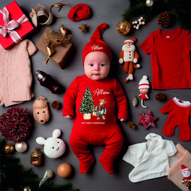 Personalized Baby My First Christmas Teddy Wreath Outfit| BBcloth1221