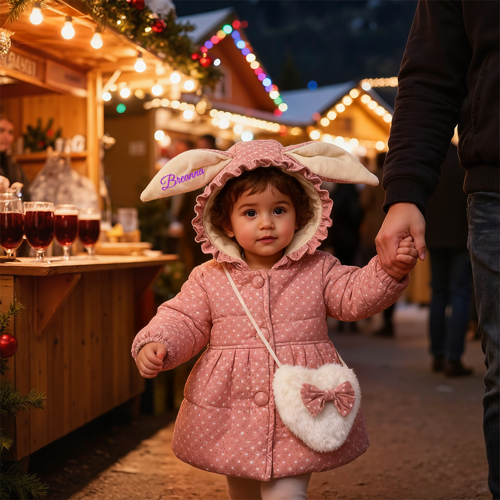 Personalized Baby Girl Embroidered Bunny Ear Coat With Heart Bag| BBcloth104