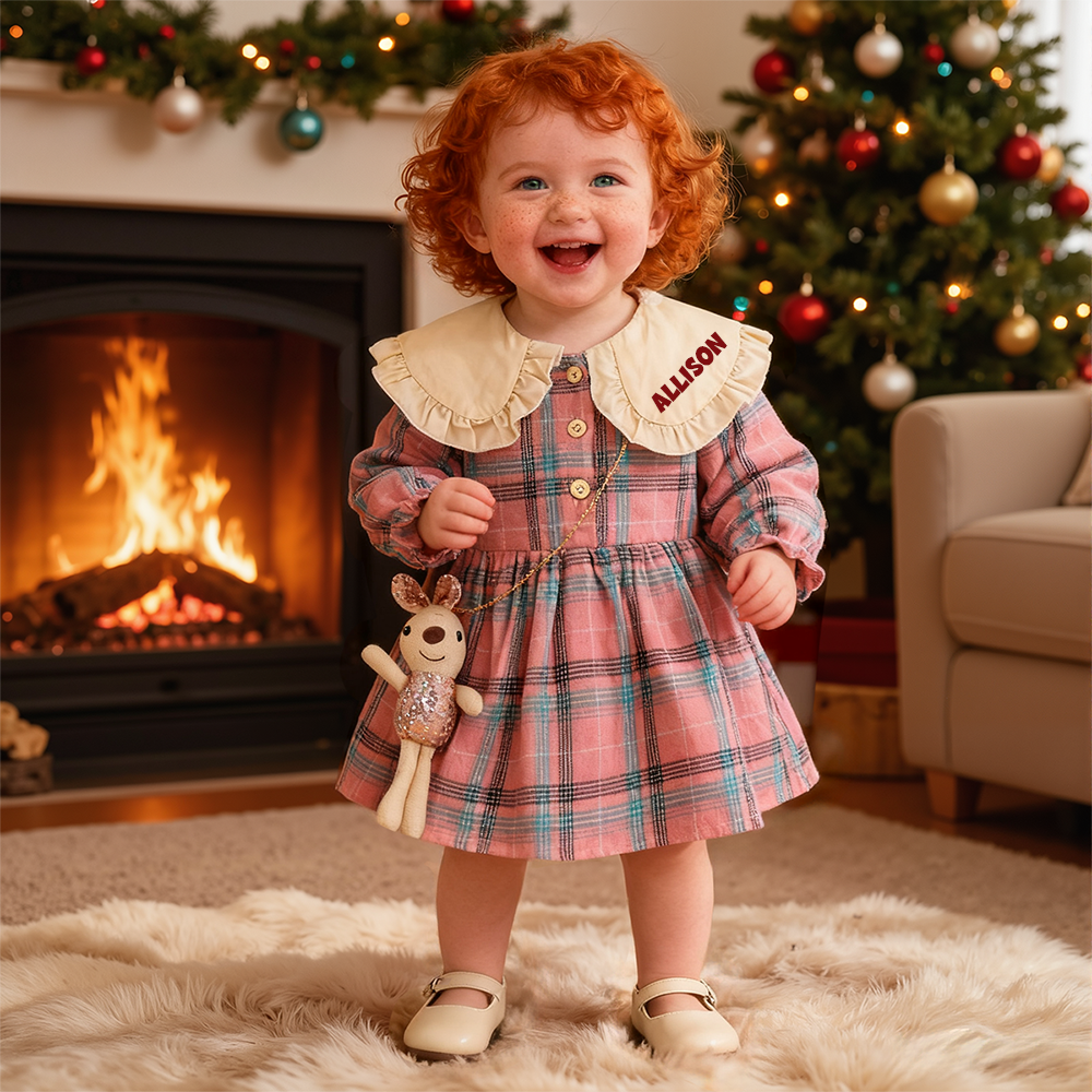 Personalized Baby Girl Peter Pan Collar Dress With Bunny Bag| YESMC28