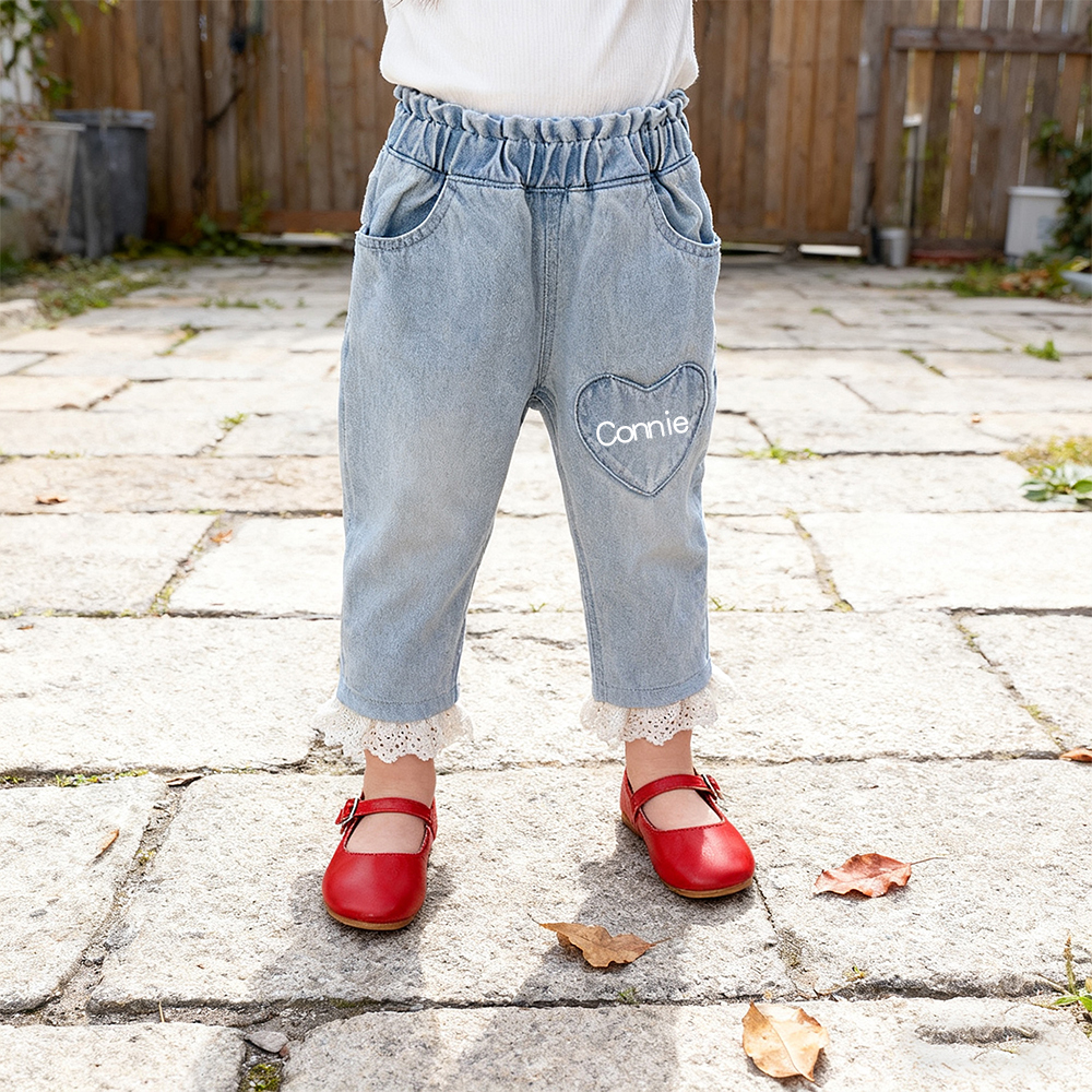 Personalized Girl Denim Jeans with Lace and Heart| Pants24