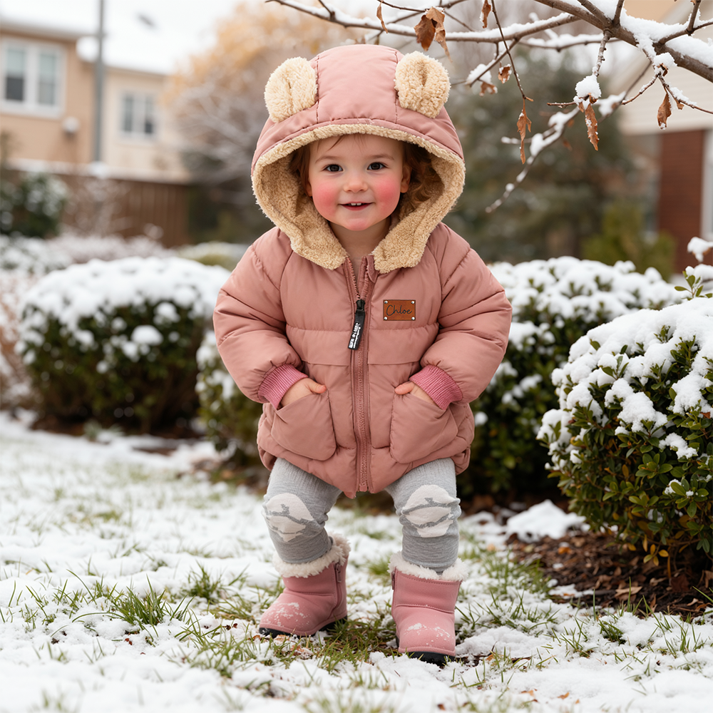 Personalized Leather Patch Kids Bear Ear Puffer Jacket| Cloth256