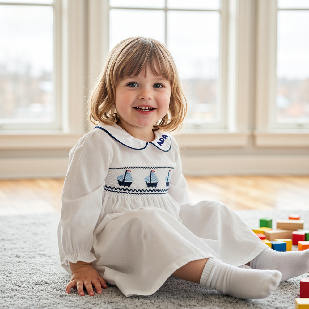Personalized Girl Long Sleeve Sailboat Dress| Dress39