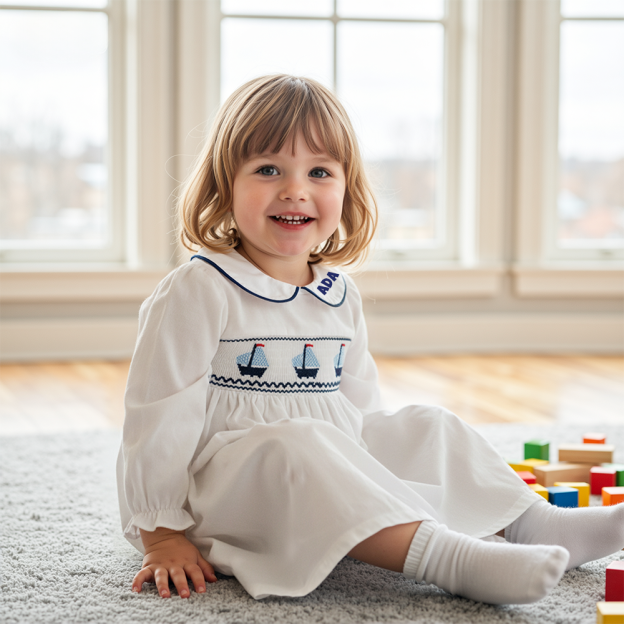 Personalized Girl Long Sleeve Sailboat Dress| Dress39