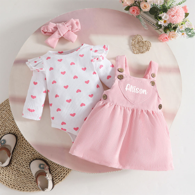 Personalized Baby Girl Heart Suspender Dress Set| YESVal02