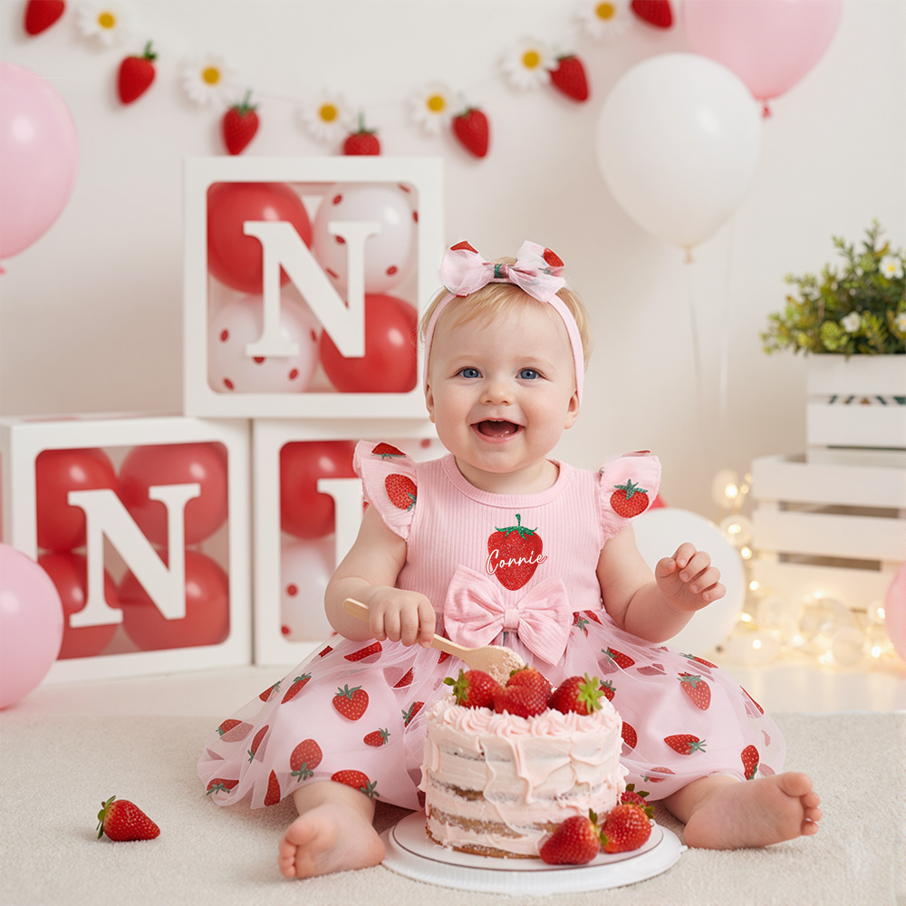 Personalized Girl Strawberry Mesh Dress With Headband| Dress48