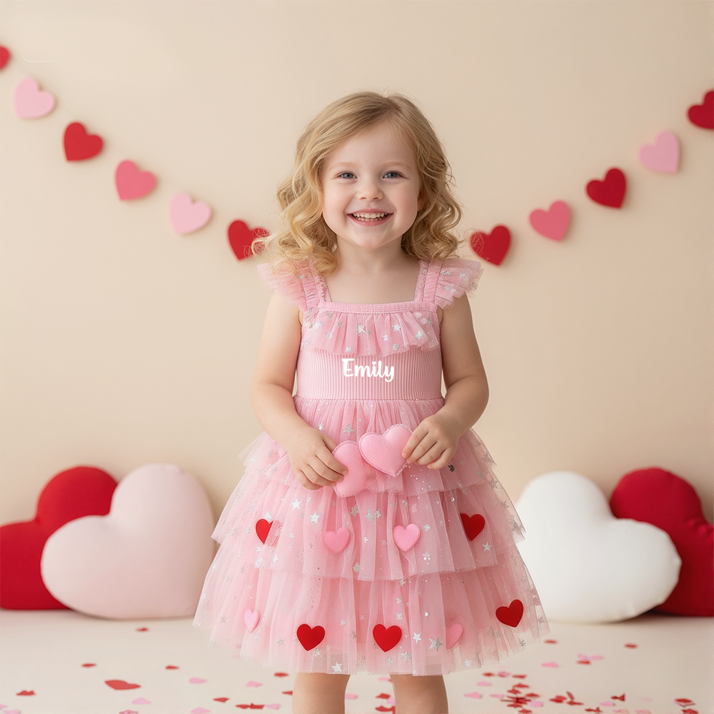 Personalized Girl Valentine's Day Heart Mesh Dress| YESVa05