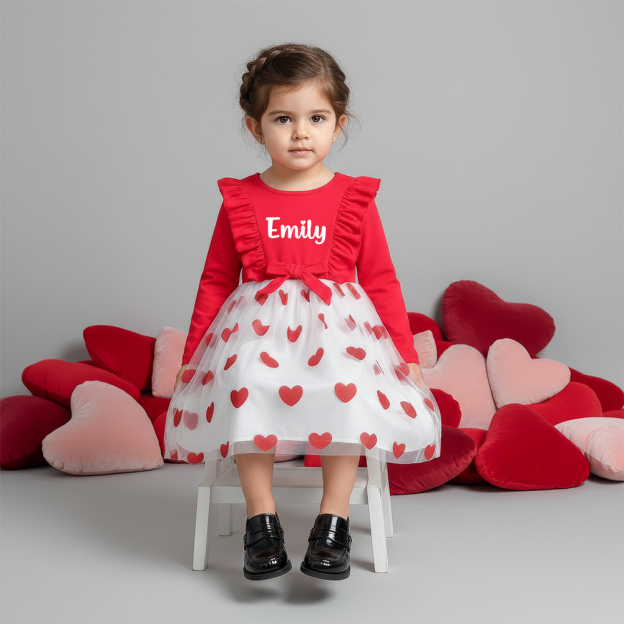 Personalized Girl Valentine's Day Heart Mesh Dress| YESVa09