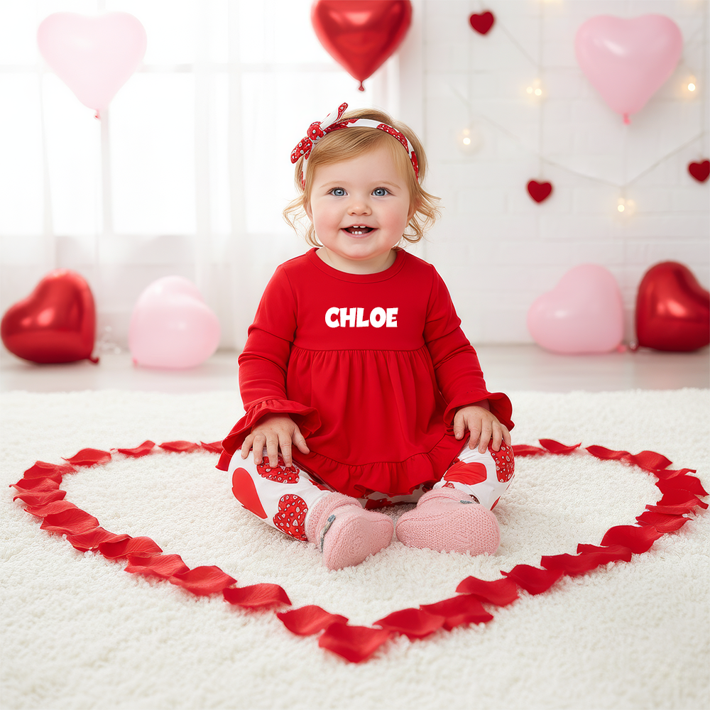 Personalized Girl Red Ruffle Top & Heart Pants Baby Set| YESVa14
